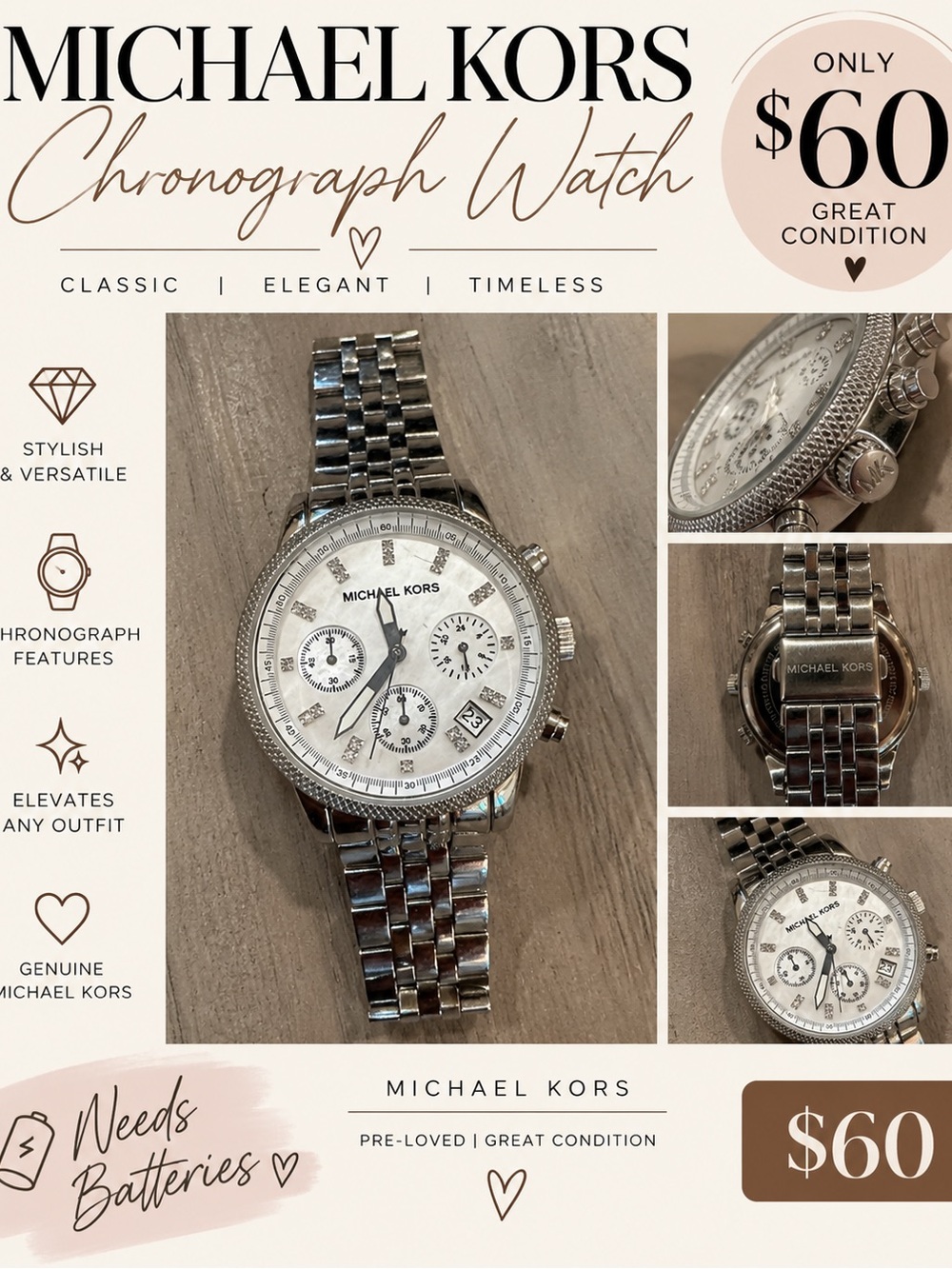 Michael Kors Men’s Silver Stainless Steel Chronograph Watch with White Dial